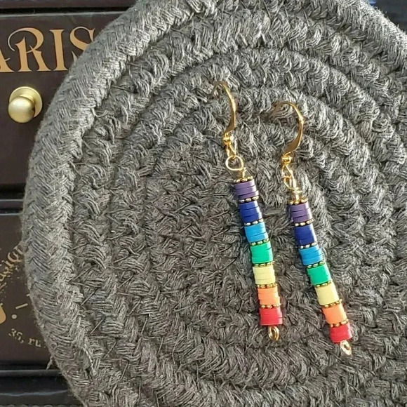 Rainbow LGBTQ Chakras Yoga Pride Beads Hand Crafted Gold Plated Earrings - Picture 5 of 10